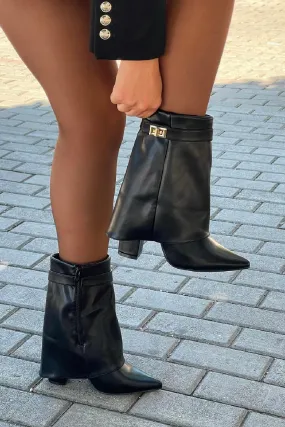 WOMENS FOLD OVER BLOCK HEEL ANKLE LENGTH SHARK BOOTS